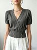 Women Lightweight Breathable Wrap V Neck Knit Top Short Sleeve Gold Button Slim Cropped Knit Blouse_ecoleips.com