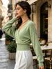 Light Sage Green Deep V Wrap Pit Rib Knit Sweater, Loose Lightweight Breathable Soft Skin-touch Long Sleeve Slim Waist Pullover_ecoleips.com