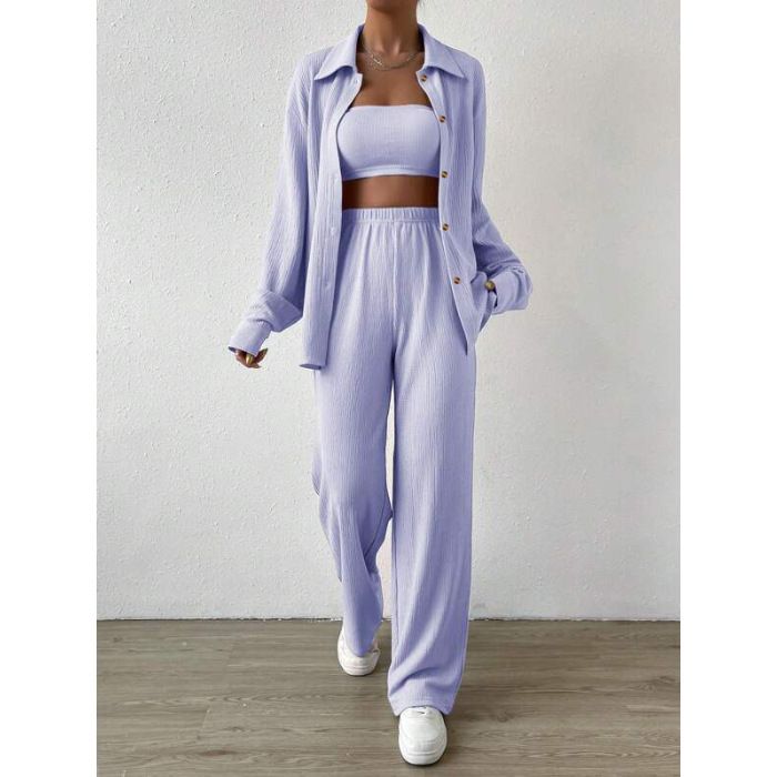Women's Clothing Autumn And Winter Solid Color Button Cardigan Lapel Casual Fashion Two Piece Set_ecoleips.com