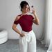 Women's Slim Fit Solid Color T-Shirt One Shoulder Metal Ring Short Sleeved Top Sexy Base Layer European American Style_ecoleips.com