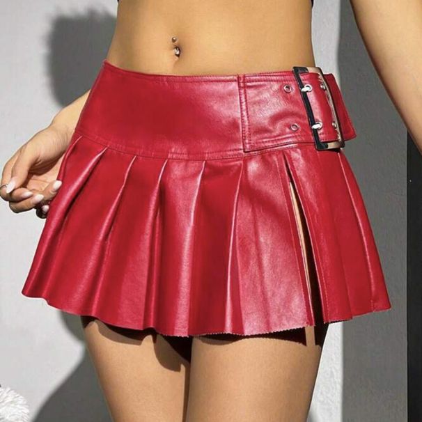 Verve Women's New Waist-Cinching Slimming PU Leather Pleated Versatile Half Skirt_ecoleips.com