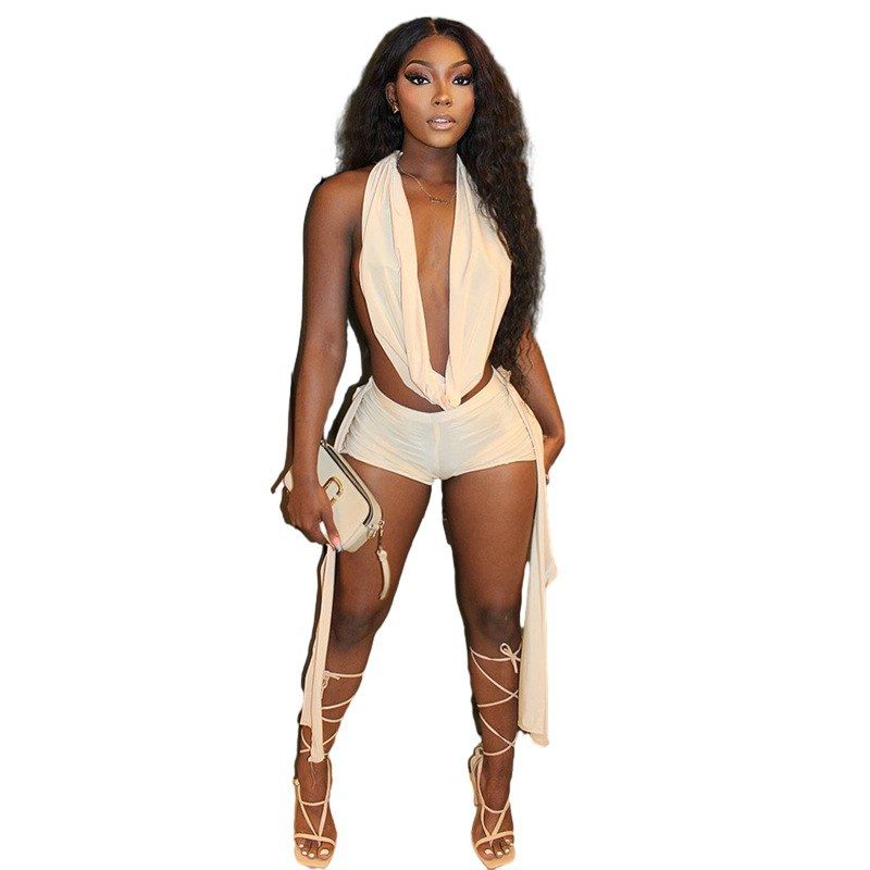 Elegant Halter Neck Sleeveless Backless Top With Flowy Tie Shorts Set - Chic Summer Outfit For Women_ecoleips.com