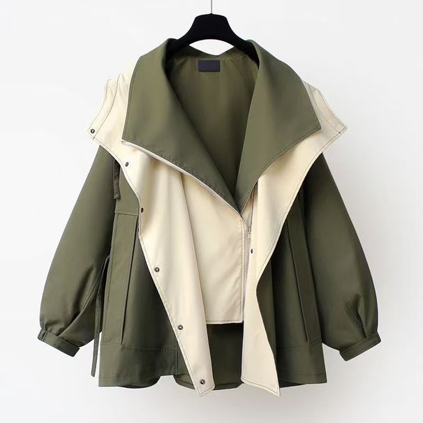 Women's Oversized Hooded Zip-Up Trench Coat Fall Fashion Windbreaker With Color Block Design (S-XXXL, Green/Black/Beige)_ecoleips.com