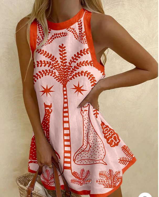 Women's Clothing Printed Linen Sleeveless Skirt Dress_ecoleips.com