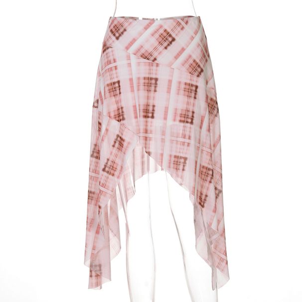 Verve Ins Women's Fashion 2025 Summer New Mesh Plaid Print Irregular Low Waist Spicy Girl Style Skirt_ecoleips.com