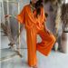 K V-neck Bat Sleeve Top Casual Loose Wide Leg Pants Set For Women. No Necklaces Or Other Accessories_ecoleips.com