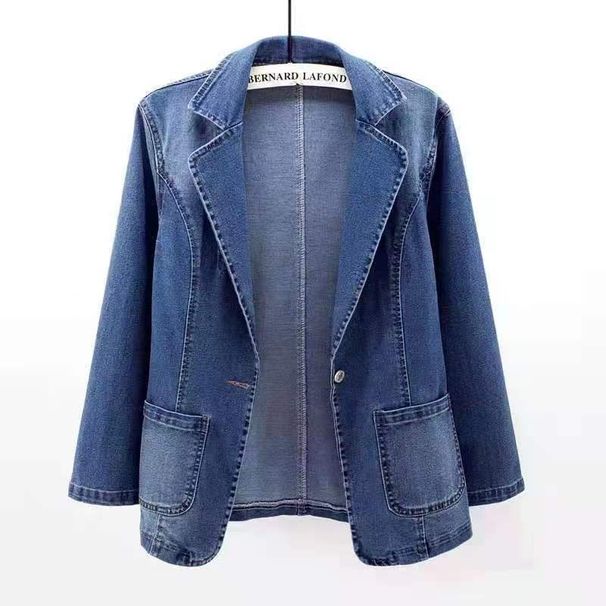 Women's Clothing Slim Fit Suit Collar Solid Color Cardigan Slim Fit Denim Blazer For Women - Single Button Open Front Jacket With Notch Lapel, Casual_ecoleips.com