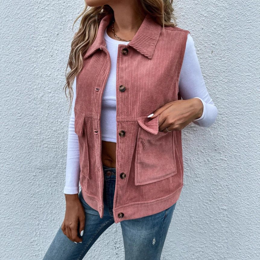 Women's Clothing Fashion Casual Personality Stylish Casual Corduroy Vest With Flap Pockets - Lightweight Layering Piece For Women, Pink, S/M/L_ecoleips.com