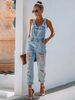 Women's Distressed Denim Overalls - Vintage Washed Light Blue Bib Overalls With Adjustable Straps_ecoleips.com