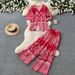 Women's Clothing Women's Green Floral Print Two Piece Set Elegant Slimming Wide Leg Pants V Neck Fashionable Commuter Suit Summer Style_ecoleips.com