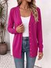 Hot Pink V Neck Pit Rib Knit Cardigan, Loose Lightweight Breathable Soft Skin-touch Button Long Sleeve Air Conditioning Jacket_ecoleips.com
