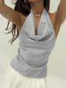 Women's Slimming Halter Neck Short Sleeve T-Shirt Backless Waist Cinching Top Solid Color Swing Neck Design New Style_ecoleips.com