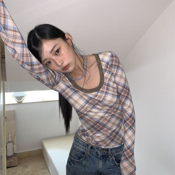 Deeptown Vintage Korean Style Plaid T-Shirts Women Pink Y2k Retro Long Sleeve Tees Harajuku Acubi Fashion Aesthetics Mesh Tshirt_ecoleips.com