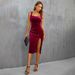 2026 European And American Women's Fashion Square Neck Split Bodycon Strap Party Music Festival Velvet Red Dress_ecoleips.com