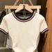 Women's Color Blocked Striped Patchwork T-Shirt Short Sleeve Pleated Waist Slimming Top Spring/Summer Style Sweet And Spicy_ecoleips.com