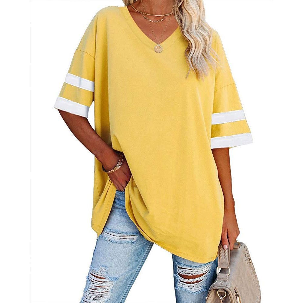 2025 Spring/Summer New Loose Half Sleeved V-neck Contrast Large T-shirt Women's Top_ecoleips.com