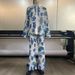 Pleated Sleeve Long Pants Spring Summer Vacation New Women Printed Shirt Turn-down Collar Cardigan Two-piece Set SU2936_ecoleips.com