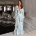 Women's Clothing Printed Chiffon See Through V Neck Long Sleeved Bohemian Dress_ecoleips.com