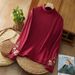 Autumn And Winter Retro German Velvet Artistic Embroidery Base, High Collar, Warm Ethnic Long-Sleeved T-Shirt Top For Wo_ecoleips.com