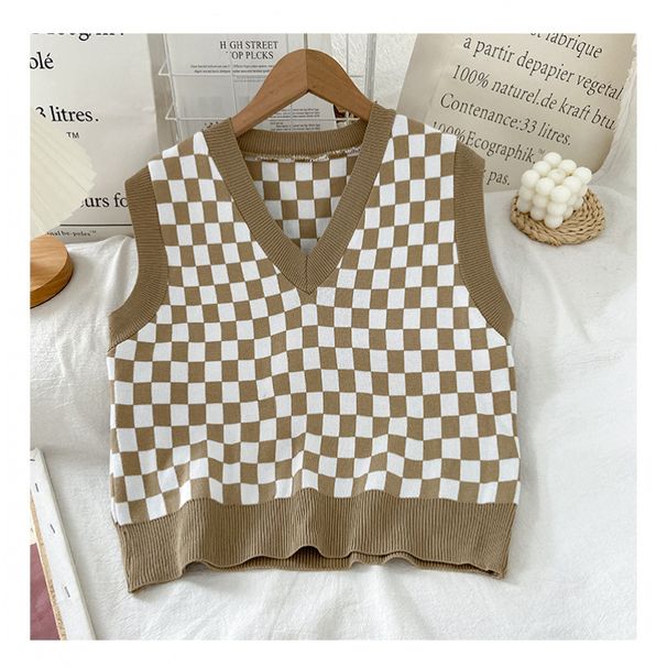 Women's Clothing Women's Checkered Knit Vest Layered Loose Fit Crewneck Spring Top_ecoleips.com