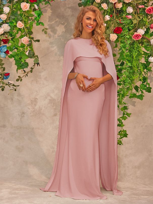 Elegant Maternity Maxi Dress With Tailored Fit - Soft Pink Polyester Fish Hem Dress For Expecting Mothers (Sizes S-XL)_ecoleips.com