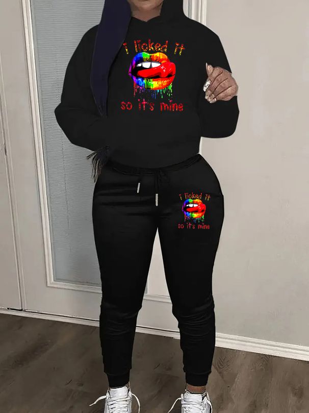 Women's Autumn And Winter Fashionable Casual Lip Print Letter Pattern Print Thick And Plush Warm Hooded Sweatshirt+sports Pants Set-785_ecoleips.com