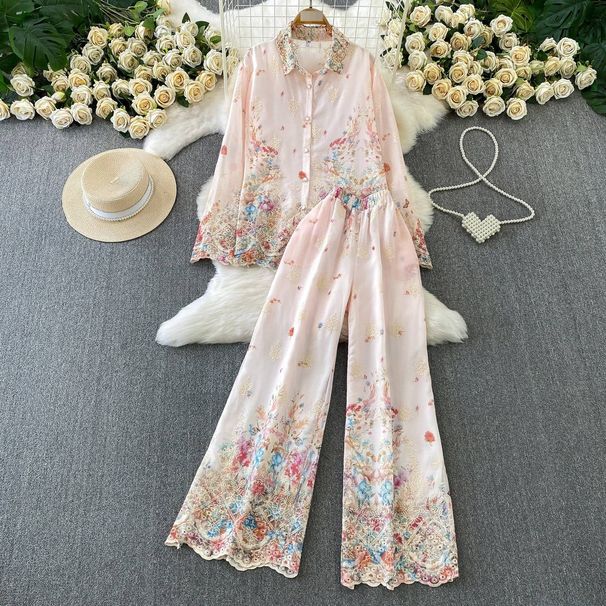 Women's Fashion Suit Casual Loose Long Sleeved Single Breasted Shirt High Waisted Slimming Tie Dye Wide Leg Pants Two Piece Set_ecoleips.com