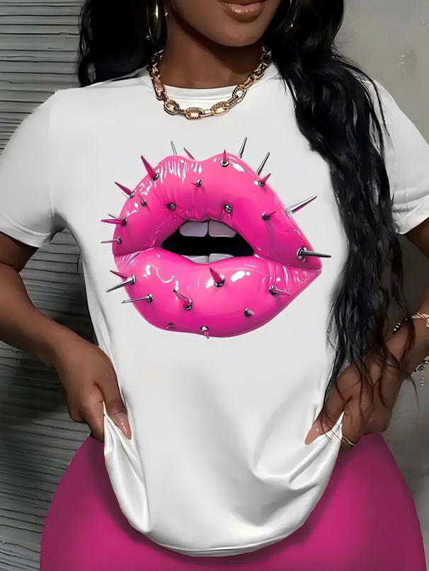 Women's Rock And Roll Steel Nail Lips Print T-Shirt Casual Crew Neck Short Sleeve Top For Summer T-Shirt Women Clothing_ecoleips.com