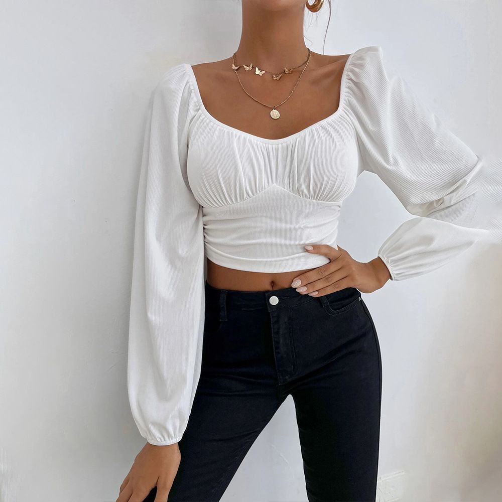 Voya Women's Spring And Summer New Casual Party Vacation Waist Cinched Long Sleeved Women's T-shirt Ultra Short Top_ecoleips.com