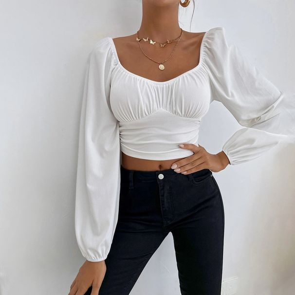Voya Women's Spring And Summer New Casual Party Vacation Waist Cinched Long Sleeved Women's T-shirt Ultra Short Top_ecoleips.com