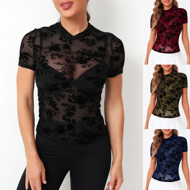 Popular Cross-border Women's Clothing On . In Europe And America: Round-neck, Sexy, Stretchy Mesh See-through_ecoleips.com