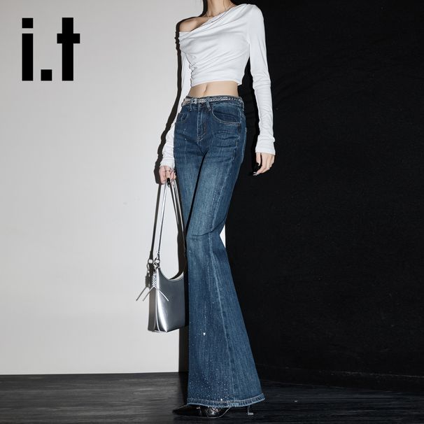 Women's Rhinestone Flared Jeans With A Stylish Design, Slimming, Casual, Versatile, Stretchy, Floor-length Pants_ecoleips.com