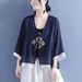 Summer Cotton And Linen Rhombus-Shaped Flower-Patterned Ribbon Button-Down Fake Two Three-Quarter Sleeve Cardigan Embroi_ecoleips.com