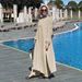 In Stock New Muslim Women's Clothing Solid Color Loose Casual Fashion Round Neck Gold Button Puff Sleeve Pocket Long Set_ecoleips.com