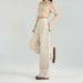 In-stock Three-needle Beige Spring-autumn High-waisted Straight Narrow-fit Women's Jeans With A Wide-leg Drape Effect,_ecoleips.com