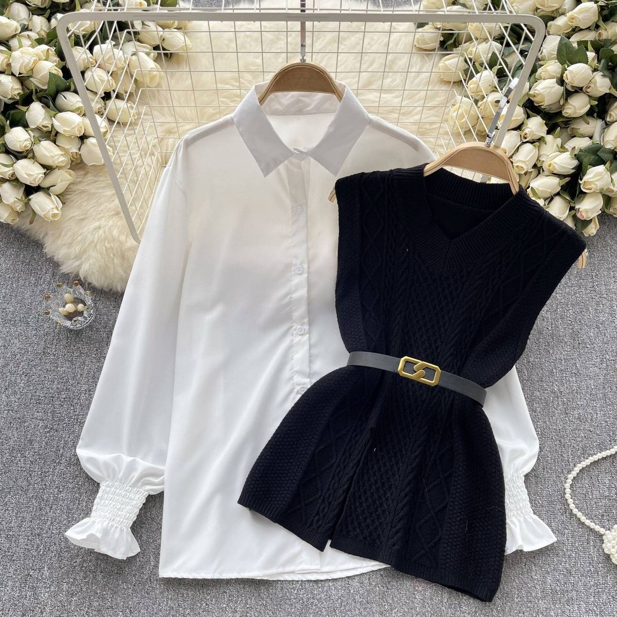 Women's Clothing Temperament Fashion Suit Female Casual Loose Long Sleeved Shirt + Waist V Neck Sleeveless Knitted Vest Two Piece Suit_ecoleips.com