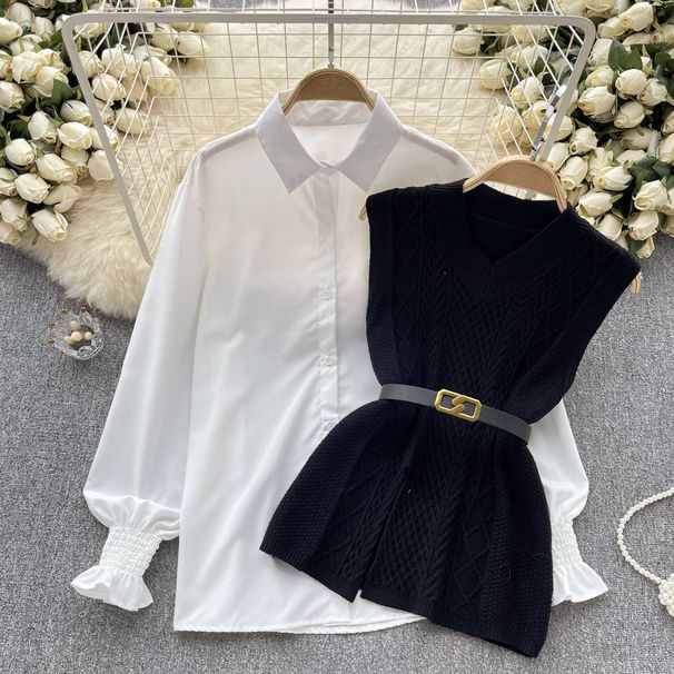 Women's Clothing Temperament Fashion Suit Female Casual Loose Long Sleeved Shirt + Waist V Neck Sleeveless Knitted Vest Two Piece Suit_ecoleips.com