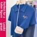Women's Blue Plus Size Short Sleeve Knit Top Polo Collar Shoulder Cutouts Summer Youthful Fashion Top_ecoleips.com