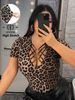 Curvy Women Leopard Print Short Sleeve Top, Crisscross Cutout Sexy Stretchy Fitted T-Shirt New Spring Summer For Party Club Night Out_ecoleips.com