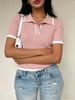 Women Ribbed Knit Polo Short Sleeve Top, Lightweight Breathable Hollow Knit Blouse Loose Fit Soft Skin Friendly Shirt_ecoleips.com
