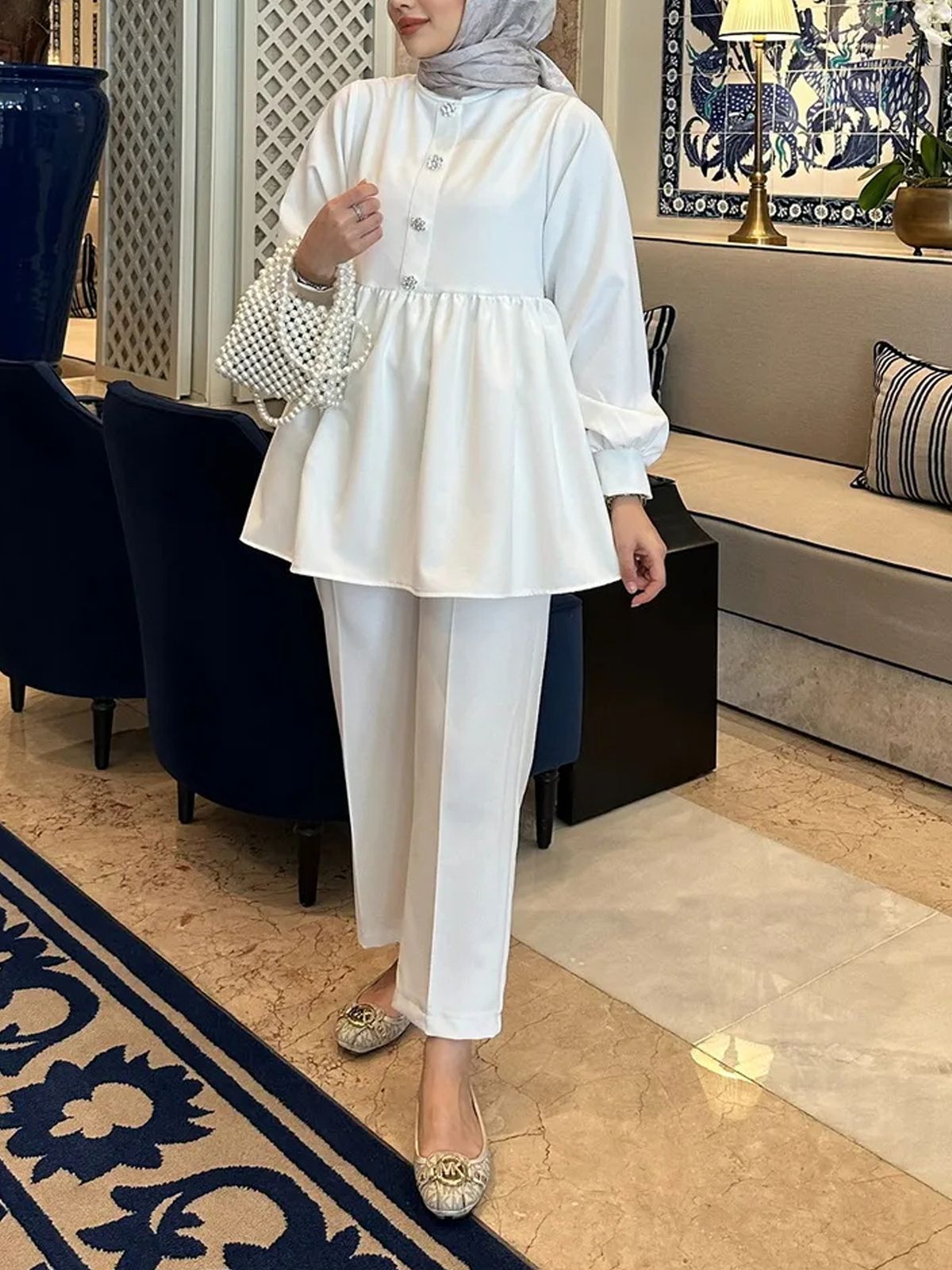 Elegant Two-Piece Set for Muslim Women Long Sleeve Blouse with Pleated Skirt Modest Autumn Winter Clothing_ecoleips.com