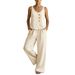 Women's Cotton Linen Two Piece Set Sleeveless Vest And Wide Leg Pants New 2026 Cross Border Available in Europe And America_ecoleips.com