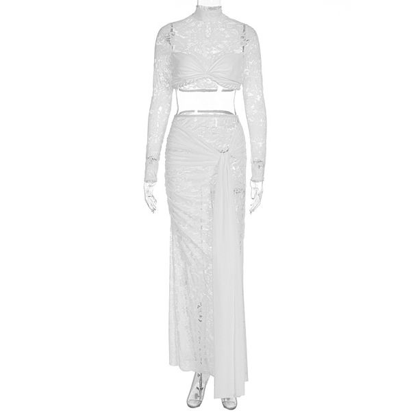 Women's Sexy Two Piece Set Sheer Long Sleeve Lace Top With Ribbon Flowing Midi Skirt Dress Set Elegant Party Evening Outfit_ecoleips.com