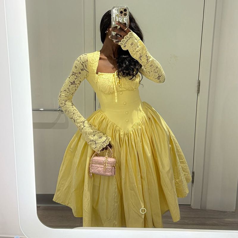 Women's Clothing Summer New Style Temperament Square Neck Tie Long Sleeve Yellow Medium Length Dress_ecoleips.com