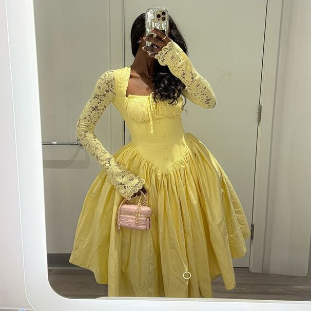 Women's Clothing Summer New Style Temperament Square Neck Tie Long Sleeve Yellow Medium Length Dress_ecoleips.com