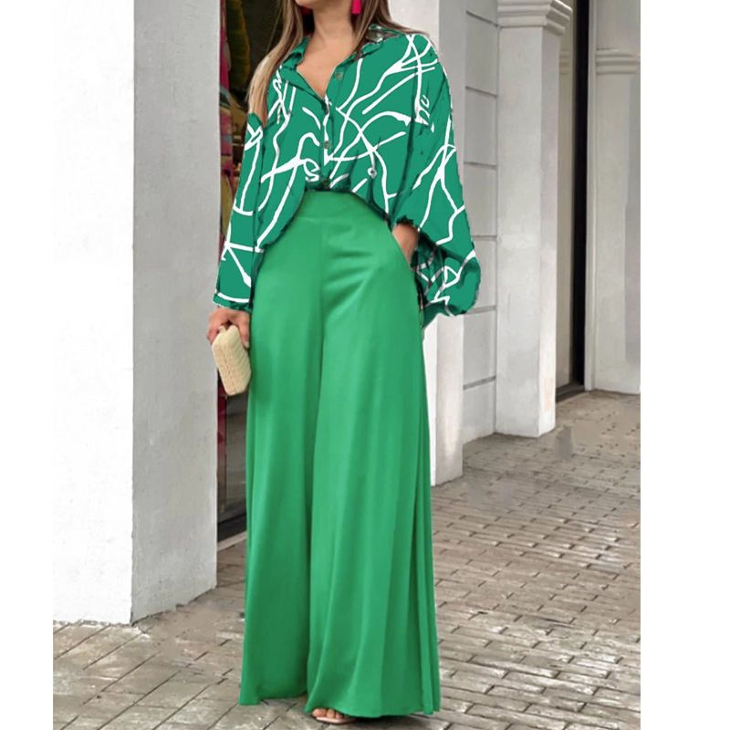Women's New Fashion Suit Large Size Women's Lapel Shirt Printed High Waist Wide Leg Pants Two-piece Set_ecoleips.com