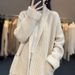 Women's V-Neck Knit Cardigan – Mid-Length Loose Fit, Solid Color, Pockets, All-Season Layering (White/Khaki, One Size)_ecoleips.com