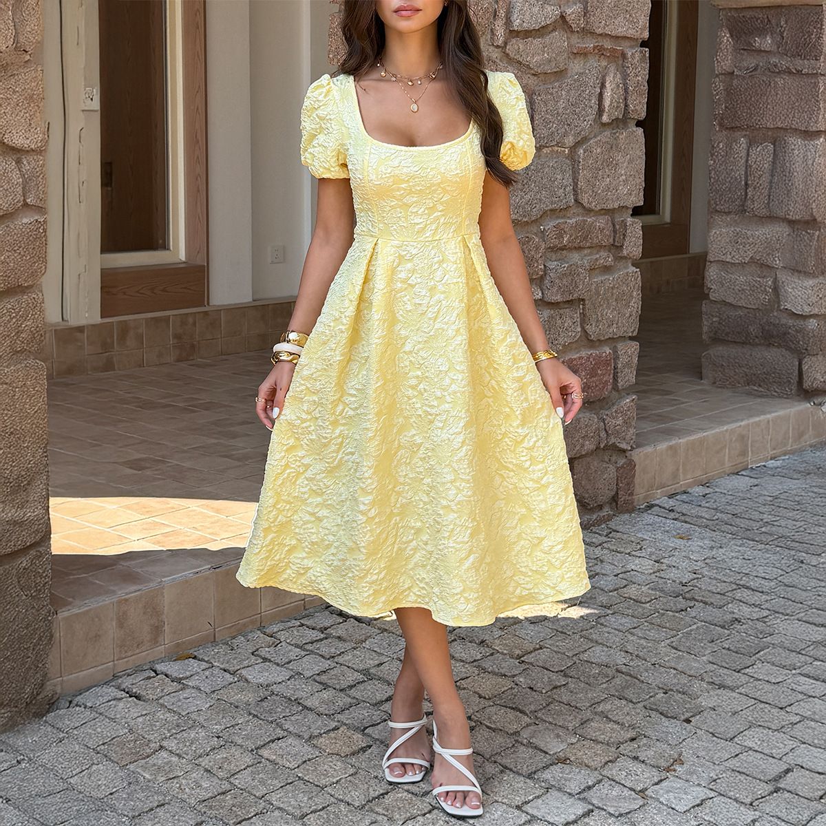 Elegant Puff Sleeve A-Line Dress Women's Clothing Flattering Silhouette American Style Spring Summer_ecoleips.com