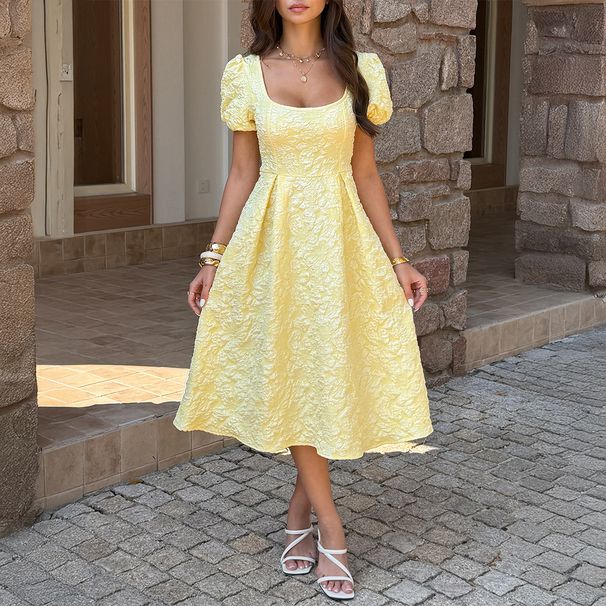 Elegant Puff Sleeve A-Line Dress Women's Clothing Flattering Silhouette American Style Spring Summer_ecoleips.com