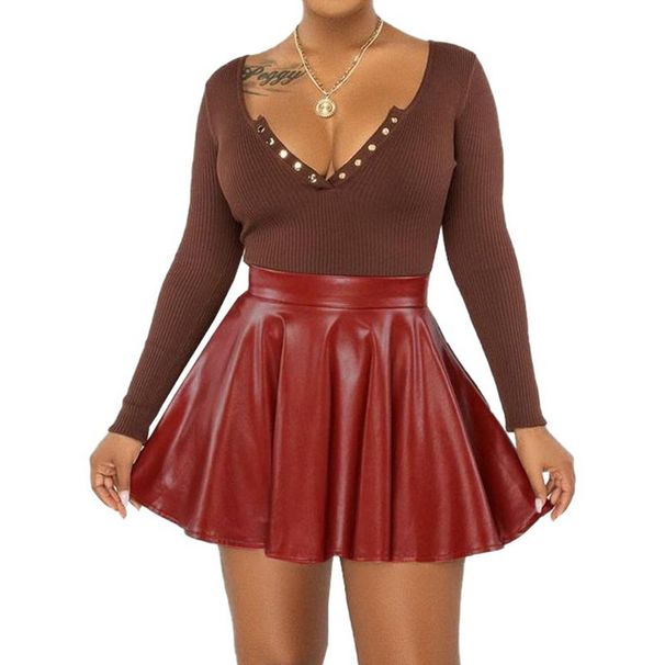 Verve Clothing 2025 Sexy Solid Color PU Women's Midi Mini A-line Skirt_ecoleips.com